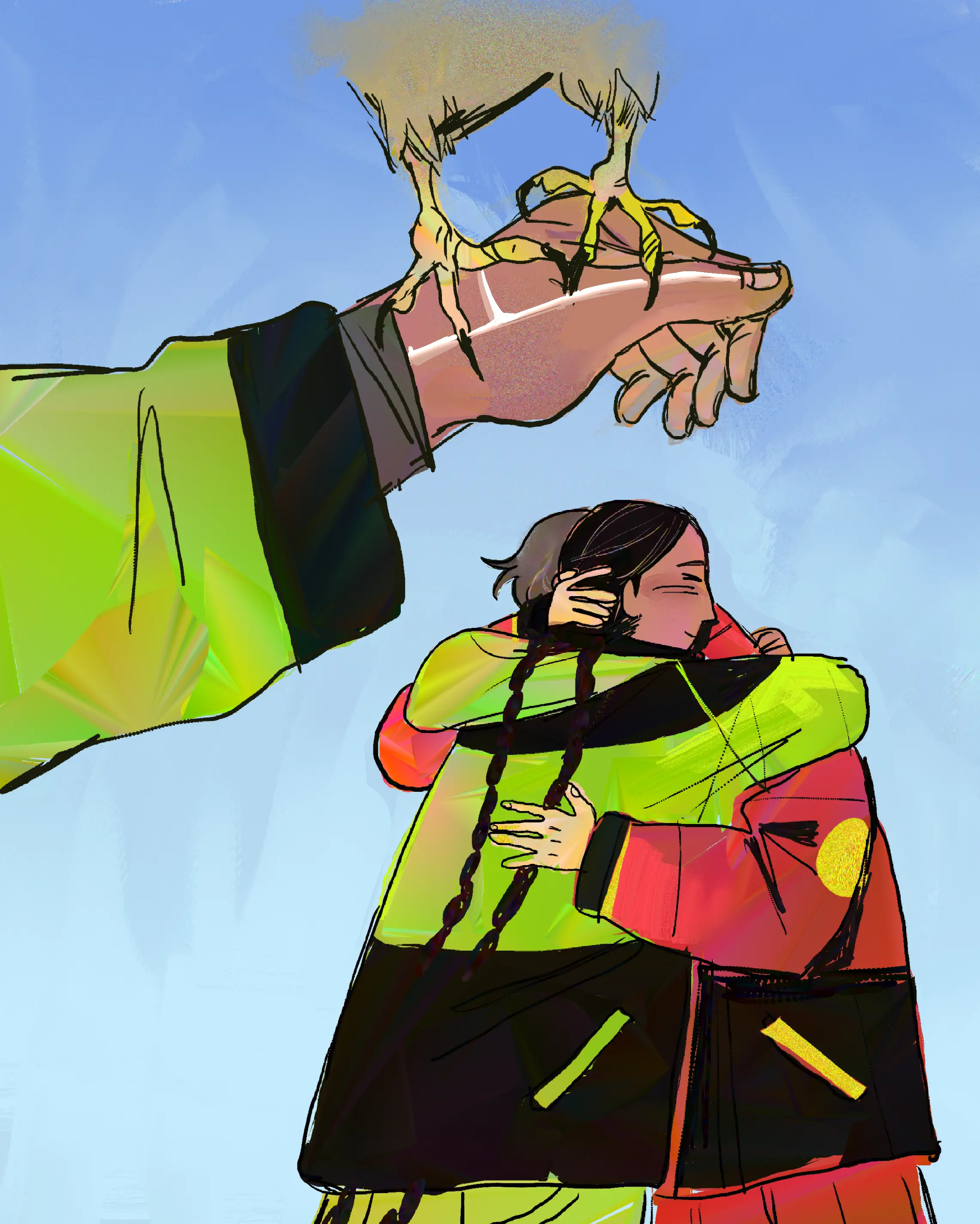The bottom half of a bird perched on a hand, people hugging.