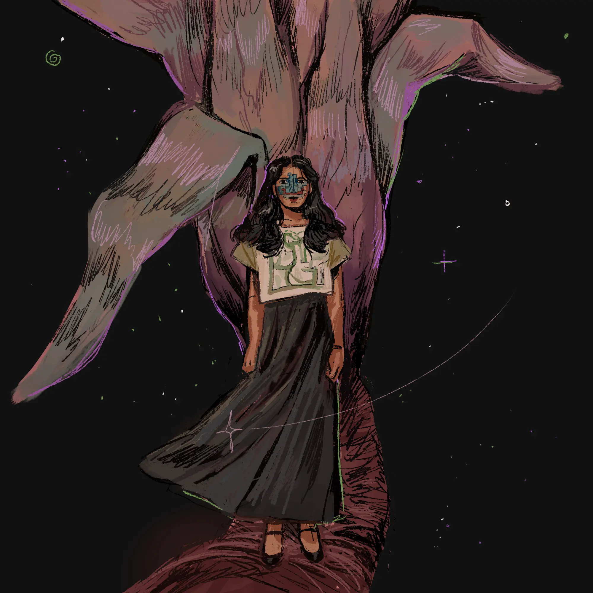 A woman with jade on her face standing on the root of a giant bromeliad.