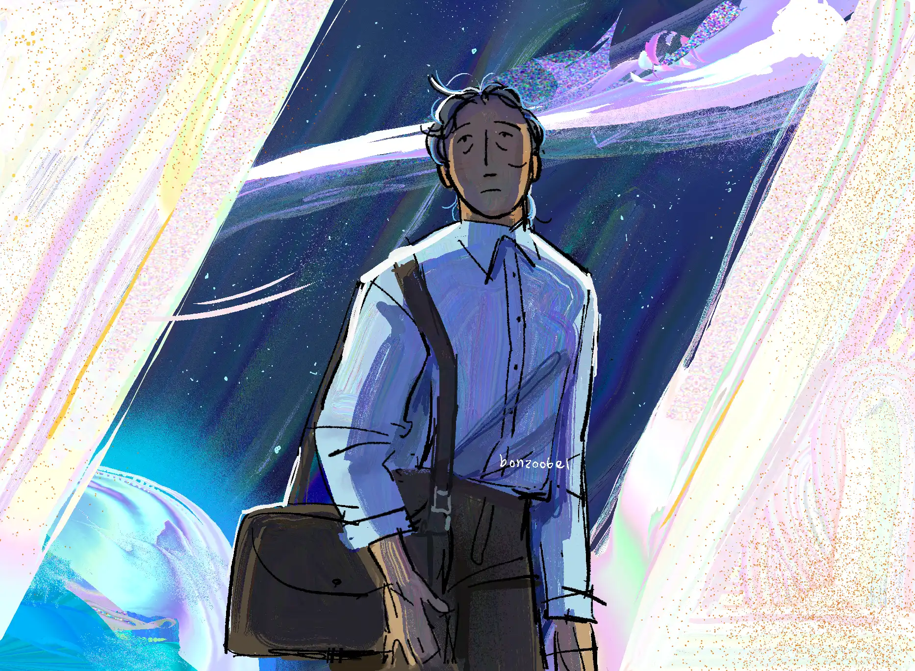 Girl standing in front of an opening to space, framed by two diagonal beams of light.