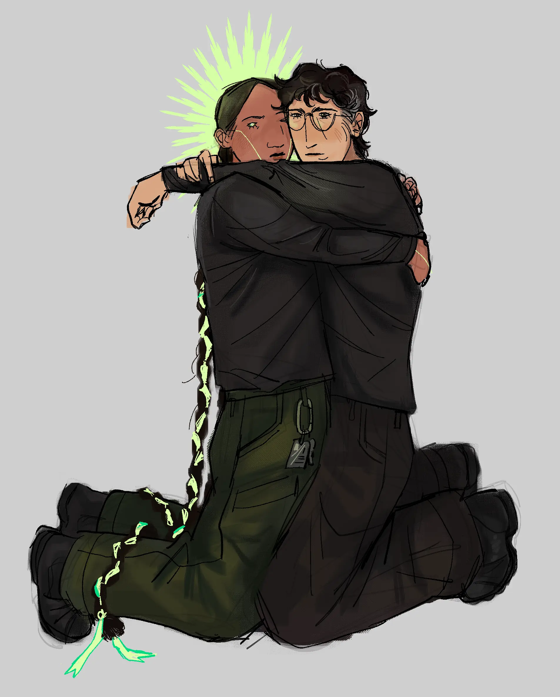 tochin & peregrine hugging as one unit, tochin with a halo.