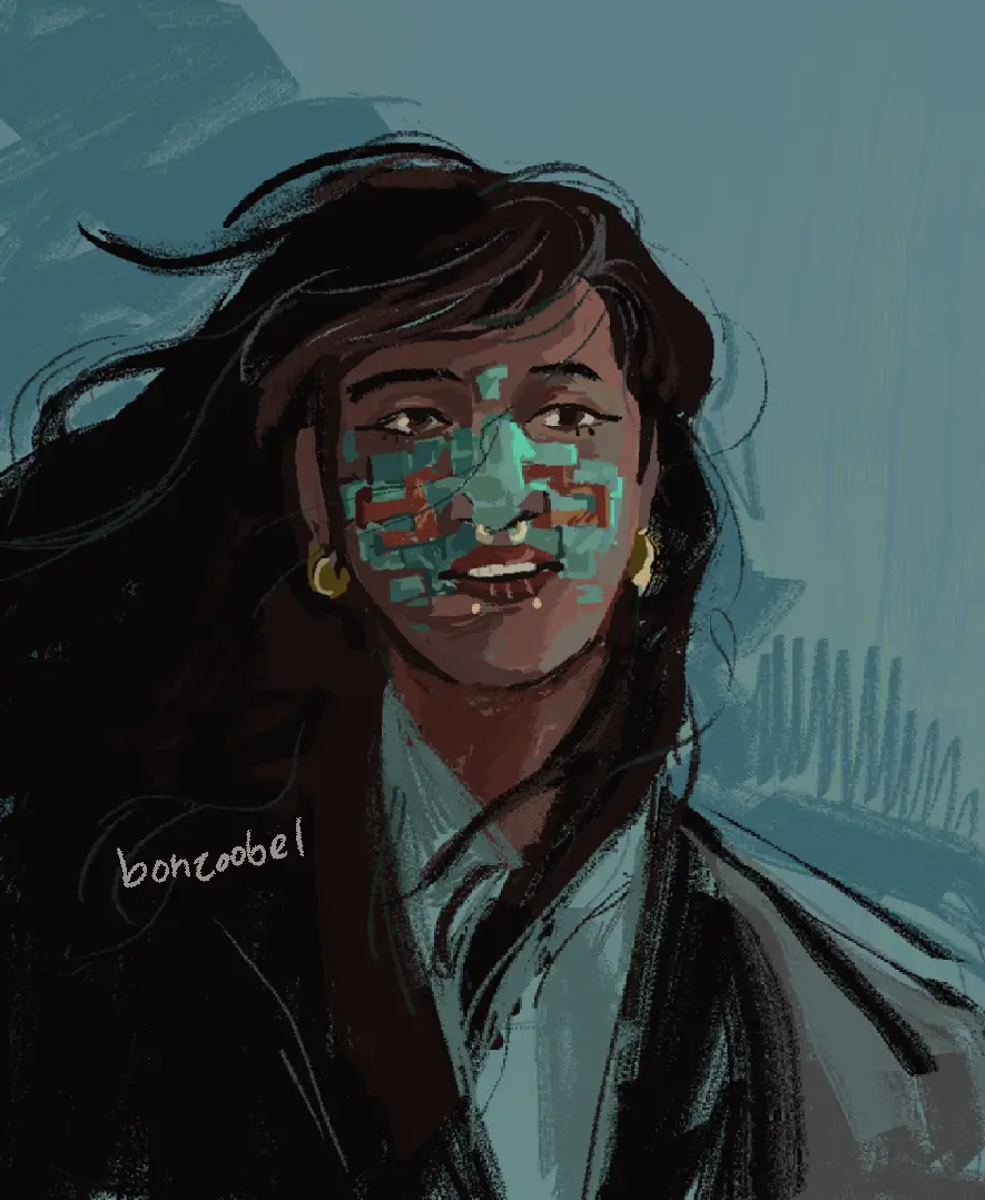 Portrait of a woman with jade stone embedded into her face.