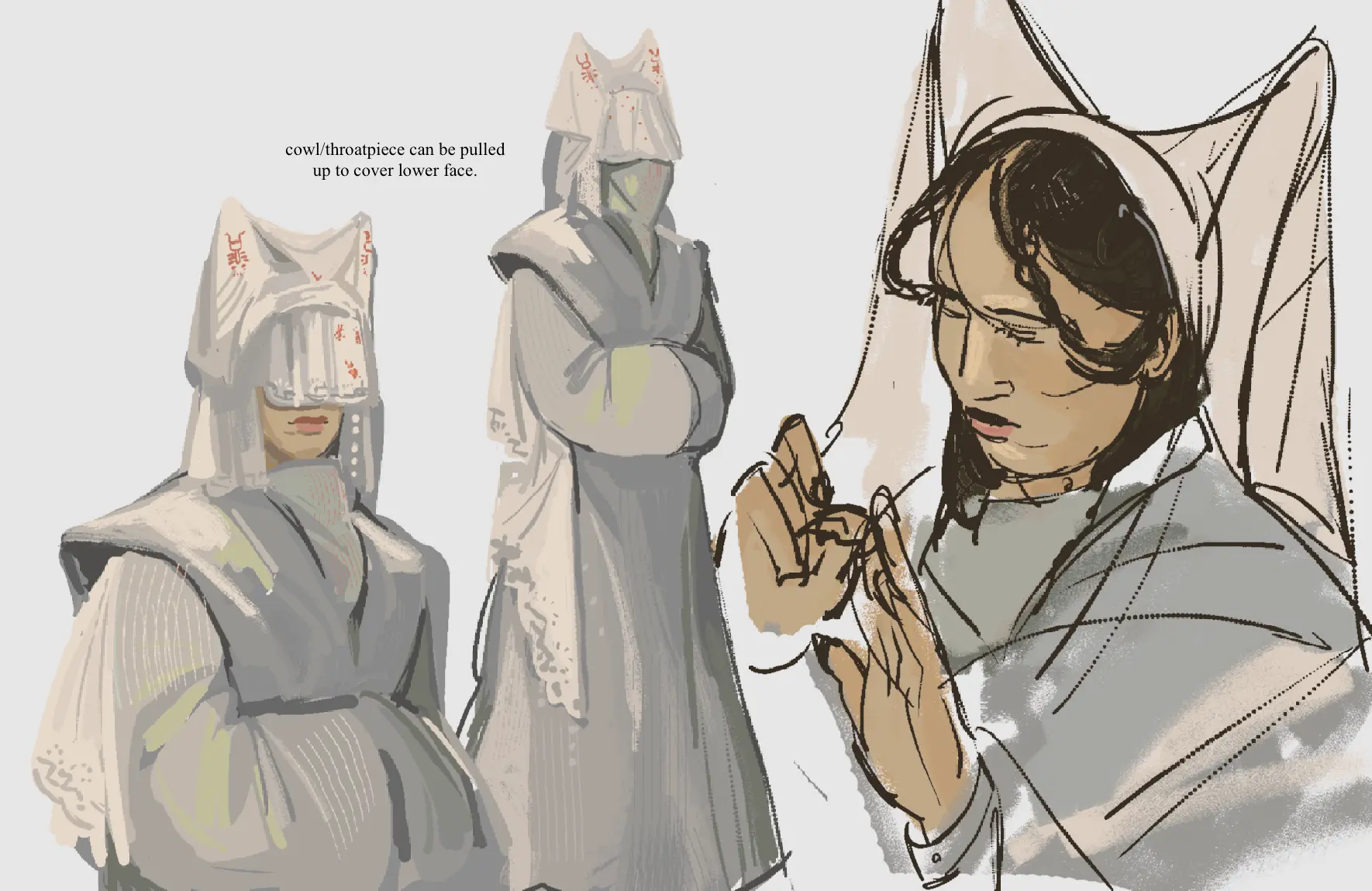 concept sketches of a woman wearing an escoffion and grey robes.