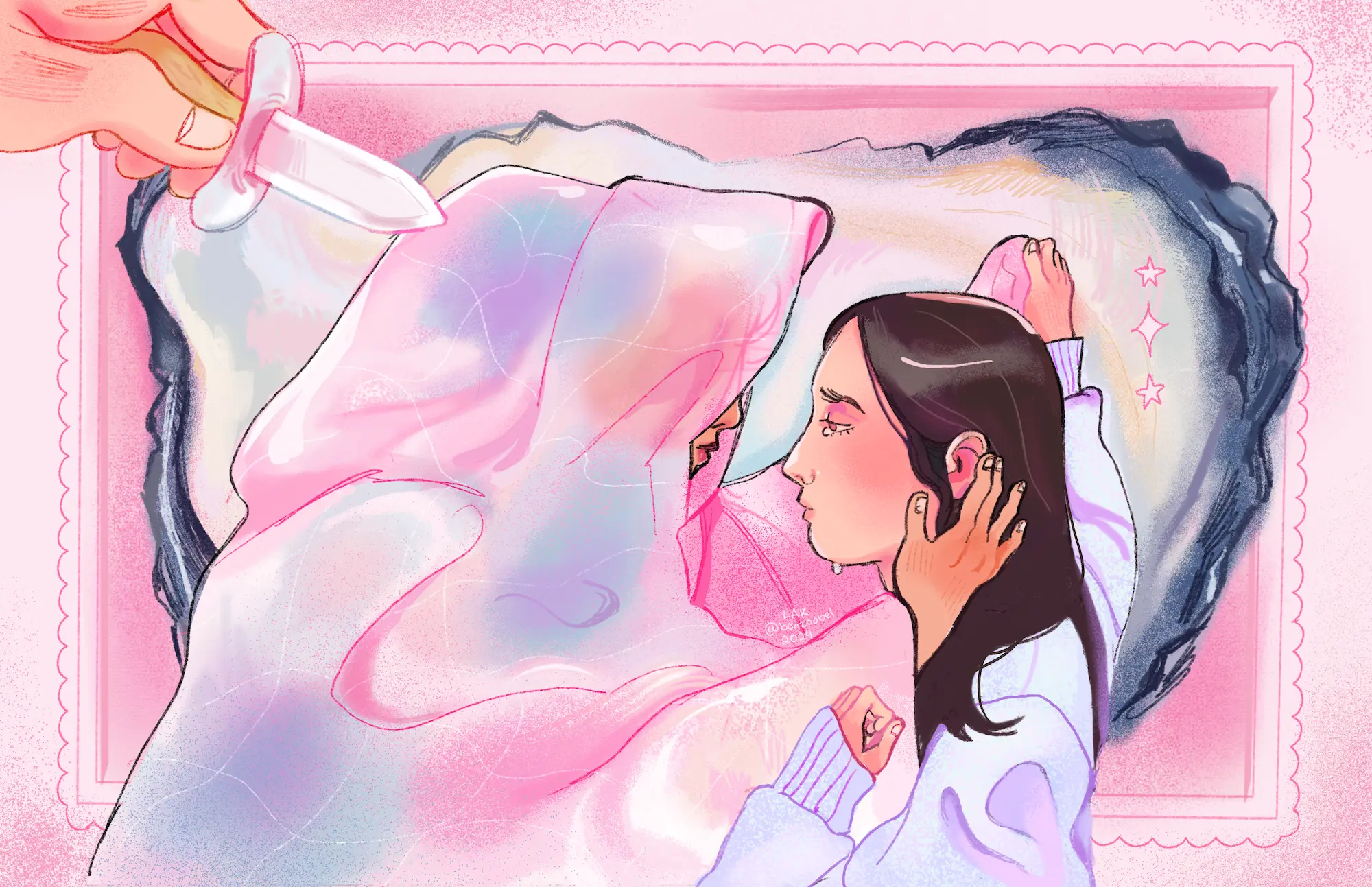 a barely visible person underneath a pearlescent duvet holds a girl's face.