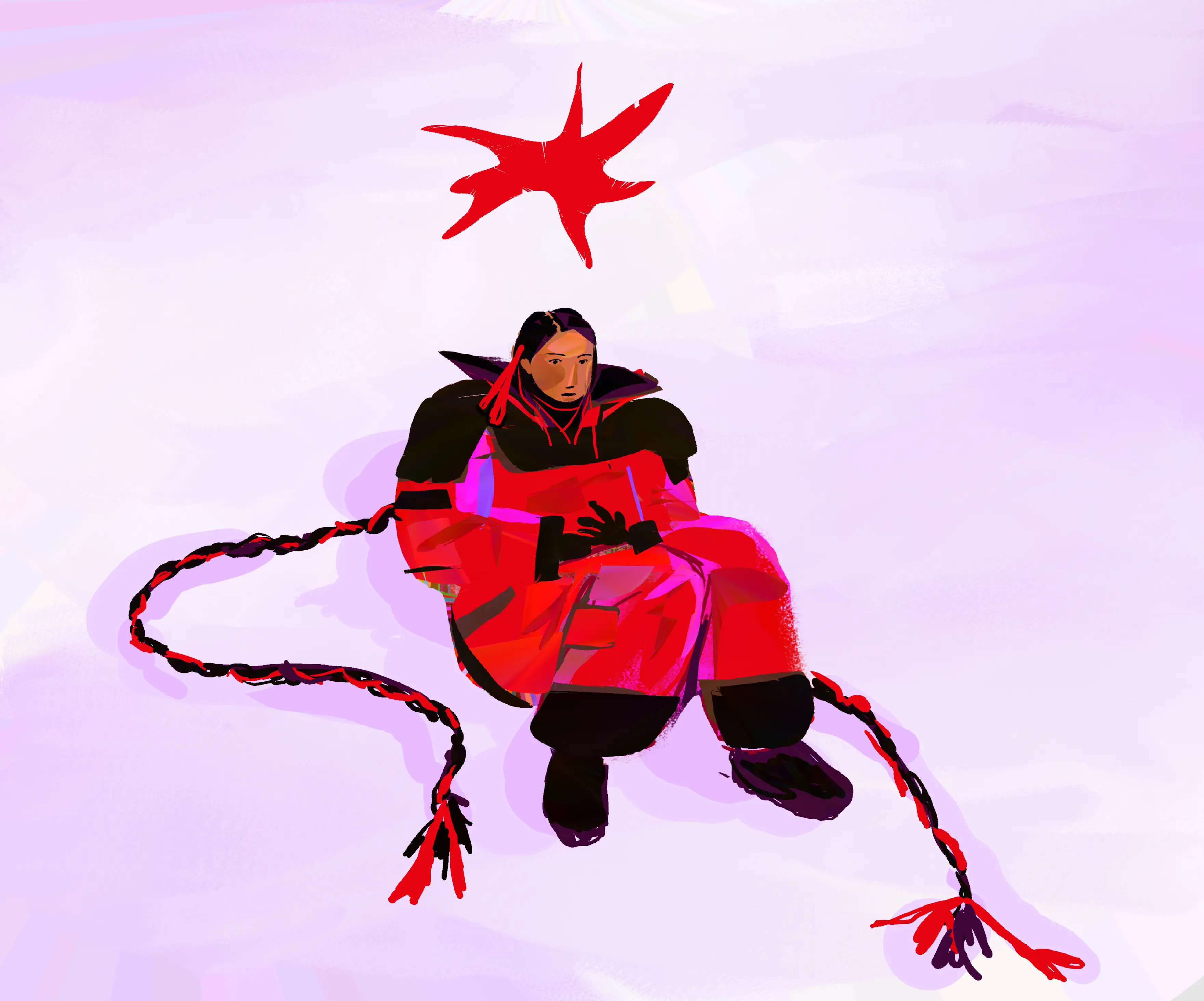 Woman wearing a red parka sitting in a snowfield.